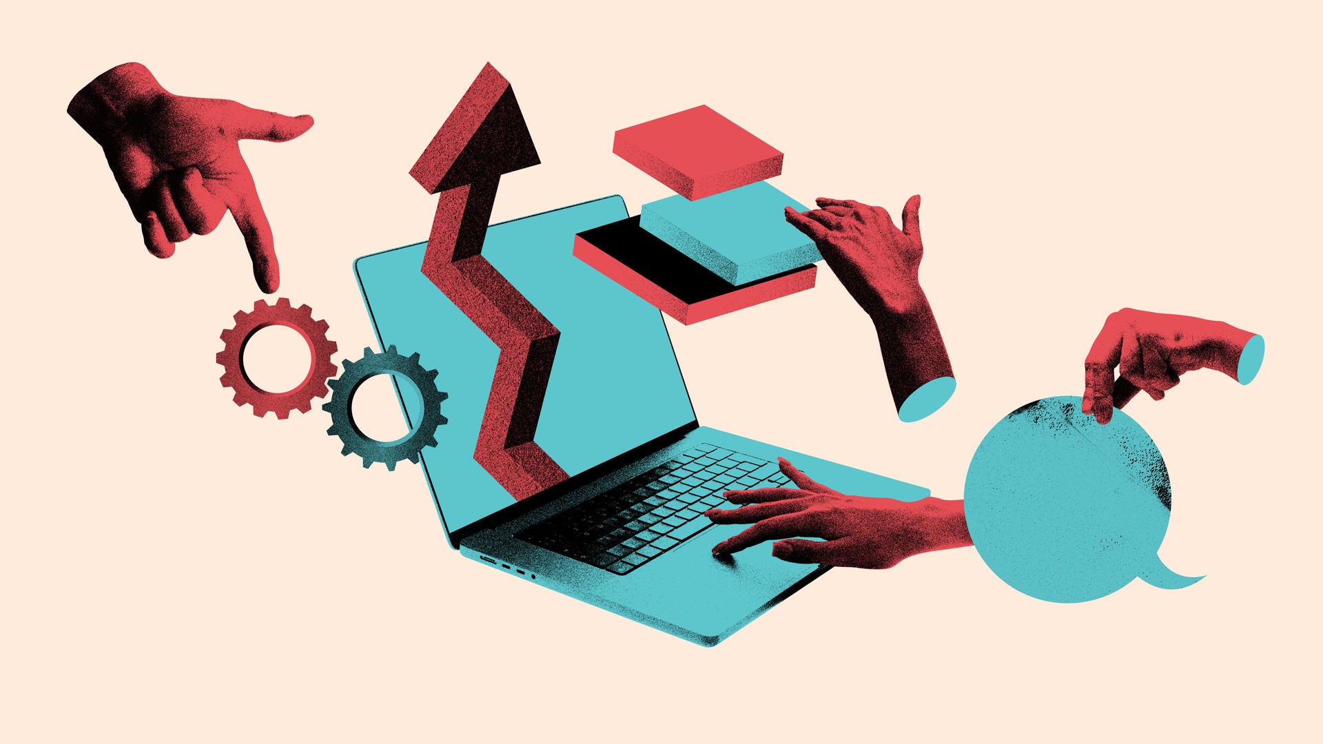 Bright collage. Hands creating system integration with laptop gears and arrows